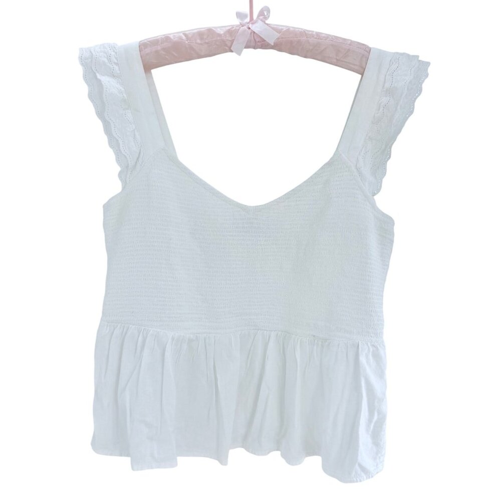 Old Navy White Ruffled Smocked Cottagcore Croquette Sleeveless Cotton Blend Top - Picture 9 of 13